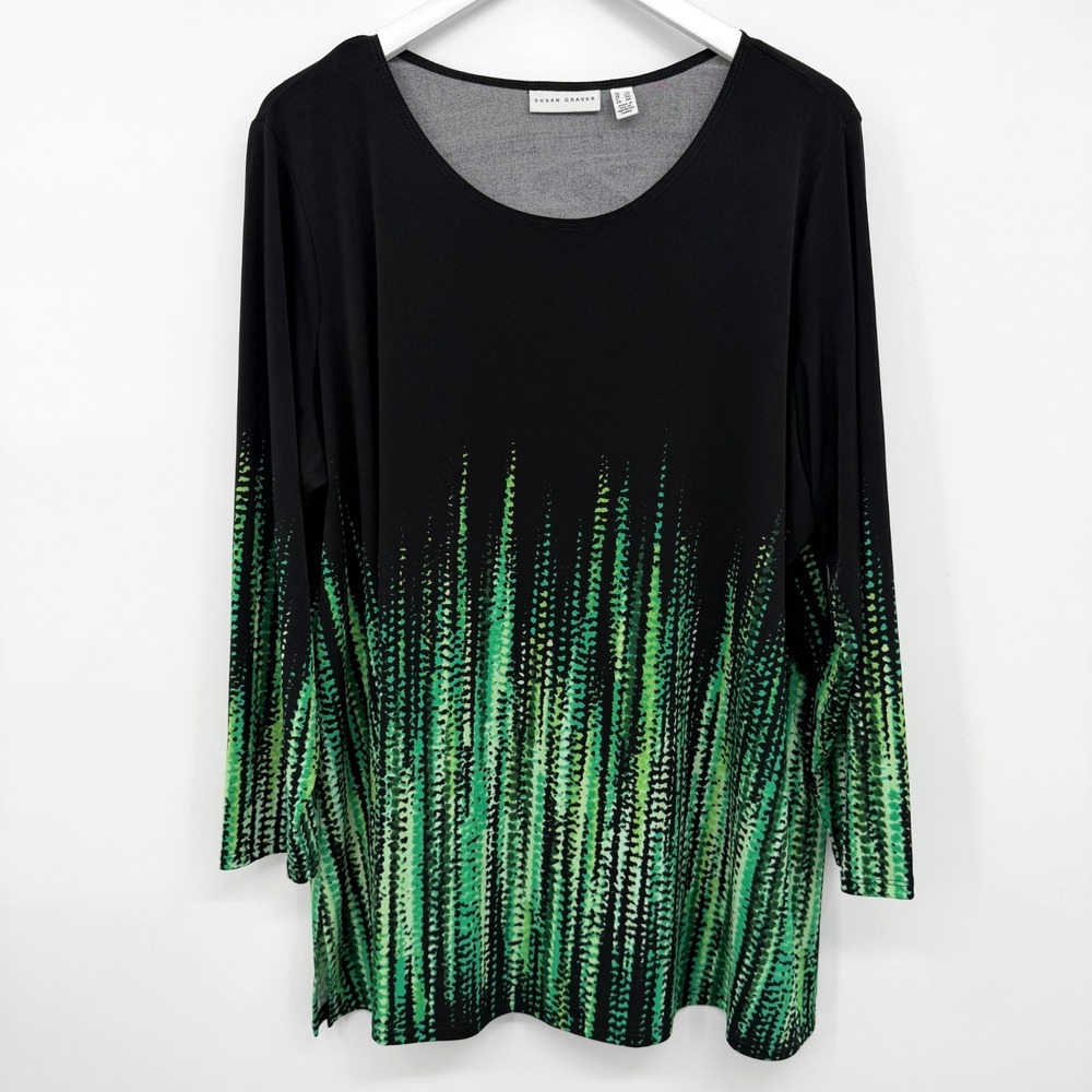 Susan Graver Liquid Knit Top Shirt Size 2X Stretch Knit Long Sleeve Artsy Boho